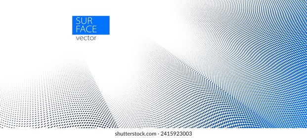 Puntos azules y grises en el fondo abstracto del vector de perspectiva 3D, diseño fresco de patrones punteados, flujo de ondas de tecnología científica o plantilla en blanco para anuncios.
