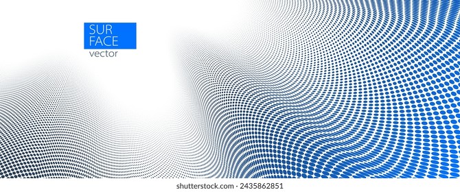 Blue and grey dots in 3D perspective vector abstract background, dotted pattern cool design, wave stream of science technology or business blank template for ads.