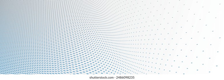 Blue and grey dots in 3D perspective vector abstract background, dotted pattern cool design, wave stream of science technology or business blank template for ads.