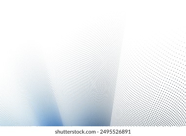 Blue and grey dots in 3D perspective vector abstract background, dotted pattern cool design, wave stream of science technology or business blank template for ads.