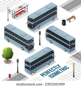Autobús isométrico con doble decantador gris azul de la parte delantera derecha e izquierda aislado en blanco