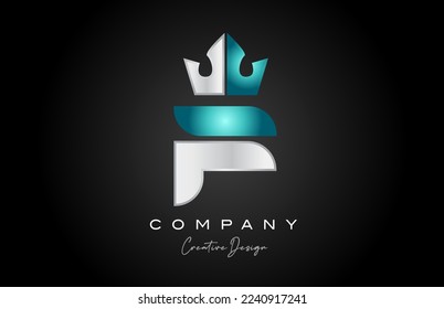 blue grey F alphabet letter logo icon design. Creative crown king template for company and business