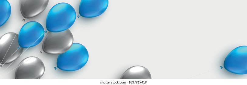 Globos de lámina azul y gris con hilos sobre fondo gris claro. Espacio para texto. Ilustración festiva vectorial.