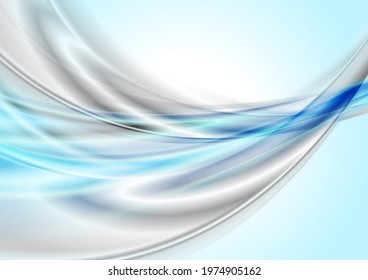 Blue and grey glossy smooth waves abstract blurred background. Vector illustration