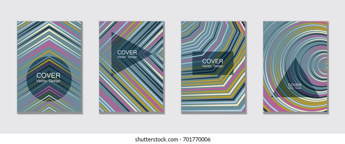 Blue and grey halftone vector cover templates with lines, triangles, circles. Title places. Vector journal design geometric shape background set, halftone lines hipster covers abstract templates set.