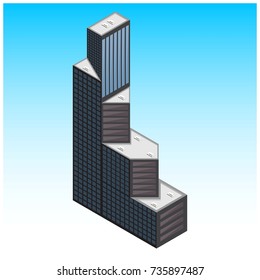 Blue and Grey Isometric Buildings on sky background