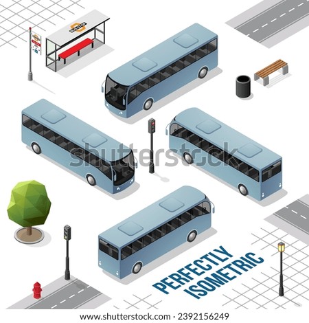 Blue Grey Isometric Bus from the Front Back Right and Left isolated on White