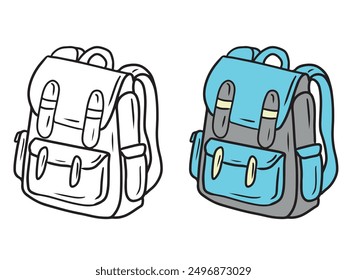 Blue and grey jeans backpack for school going with pockets in black isolated on white. Hand drawn vector sketch illustration in doodle engraved vintage line art style. Bag for children, university.