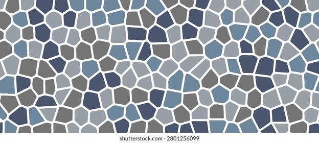 Blue grey mosaic pebble seamless pattern. Repeated cobblestone background. Gray stone sidewalk paved texture. Tessellation rock repeating wallpaper. Vector landscaping pavement backdrop
