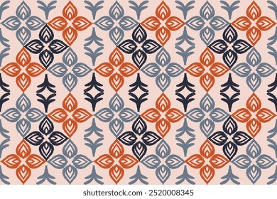 Blue, grey with orange embroidery, motif ethnic ikat seamless textile illustration, print striped ornament, pattern, design for wrapping, silk, scarf, background, and textile.