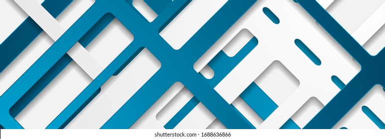 Blue and grey papercut geometry banner design. Abstract tech background with 3d paper stripes layers. Vector illustration