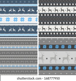 Blue And Grey Seamless Christmas Knitted Striped Background With Deers, Lines And Abstract Rhombus Snowflakes. 