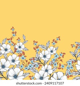 blue and grey seamless vector stock flowers leaves border pattern on yellow background