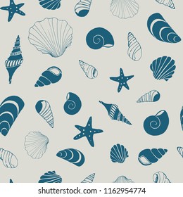 Blue and grey seashell and starfish nautical seamless vector hand drawn pattern