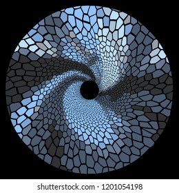 A blue and grey shiny circle with lizard skin texture, spots and flakes. Vector ornament with a perspective going to the middle.