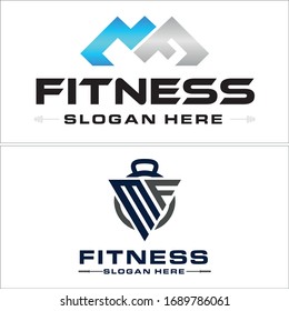 Blue grey shiny symbol icon initial barbel dumbbell logo concept template vector suitable for business consulting gym training fitness sport