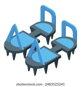 Blue and grey shoe ice cleats isometric icon, providing traction and safety during winter activities
