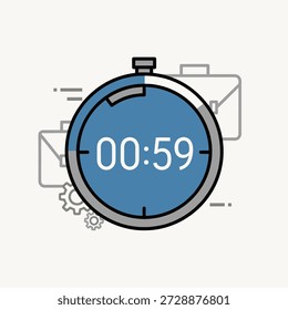 Un ícono de cronómetro azul y gris que muestra "00:59" con Elementos de fondo sutiles como maletines y engranajes, que simbolizan la gestión del tiempo y la eficiencia comercial.