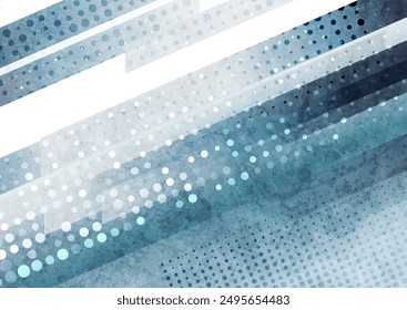 Blue grey stripes grunge abstract geometric background with halftone dots. Retro tech concept vector design