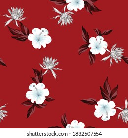 flores vectoriales azules y grises con un patrón de hojas rojas sobre fondo rojo