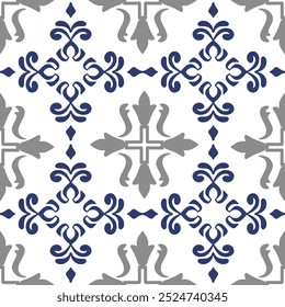 Azul, cinza com fundo branco clássico damask padrão vetor ilustração para design têxtil elegante, como envoltório, seda, cachecol, roupas, fundo, tapetes e cortinas, etc.