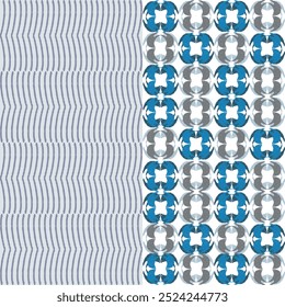 Blue, grey, and white embroidery, motif ethnic ikat seamless textile illustration, print striped ornament, pattern, design for wrapping, silk, scarf, clothing, textile, carpets, curtains.