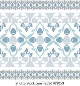 Blue, grey, and white embroidery, motif ethnic ikat seamless textile illustration, print striped ornament, pattern, design for wrapping, silk, scarf, clothing, background, textile, carpets, curtains.