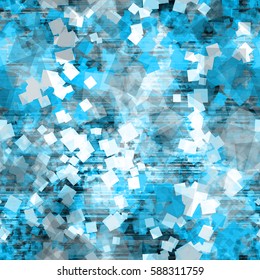 Blue, grey and white seamless texture with chaotic squares, small circles and horizontal lines. Monochrome vector background.