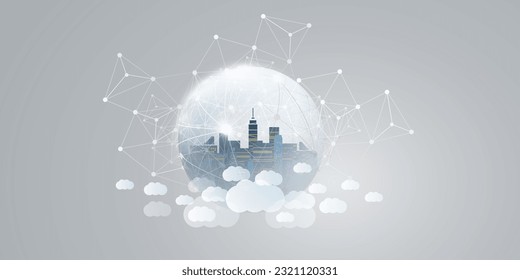 Blue, Grey and White Smart City, Cloud Computing Design Concept with Transparent Globe and Cityscape , Tall Buildings, Skyscrapers Inside - Digital Polygonal Network Connections, Technology Background