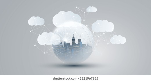 Blue, Grey and White Smart City, Cloud Computing Design Concept with Transparent Globe and Cityscape , Tall Buildings, Skyscrapers Inside - Digital Polygonal Network Connections, Technology Background