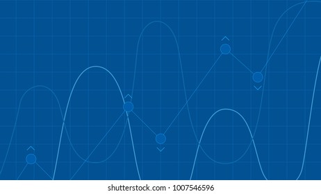 Blue grid background with abstract graph. Waves of charts growing up and falling down. Template graphic elements, vector illustration.