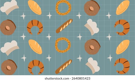 Blue grid layout with chef hats, croissants, baguettes, and assorted bagels in a bakery-inspired, professional food design.