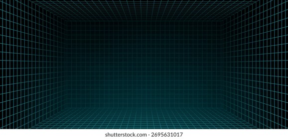 Líneas de cuadrícula azules que forman una estructura de caja dimensional. Entorno digital inmersivo futurista para visualización de datos o aplicación de fondo de realidad virtual.