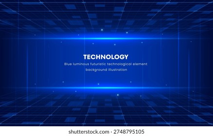 Blue grid pulses with digital energy. Words glow softly against the deep backdrop. Future tech feels alive with glowing lines. Abstract space suggests innovation and progress