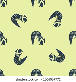 Blue Grilled fish steak and fire flame icon isolated seamless pattern on yellow background.  Vector Illustration