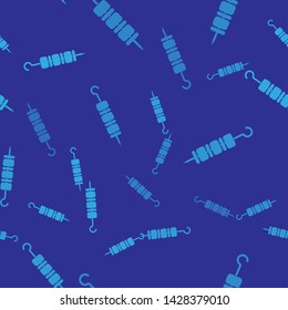 Blue Grilled shish kebab on skewer stick icon isolated seamless pattern on blue background. Meat kebab on skewer stick. Picnic with grilled meat. Vector Illustration