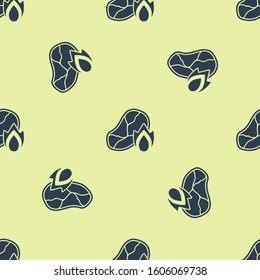 Blue Grilled steak meat and fire flame icon isolated seamless pattern on yellow background.  Vector Illustration