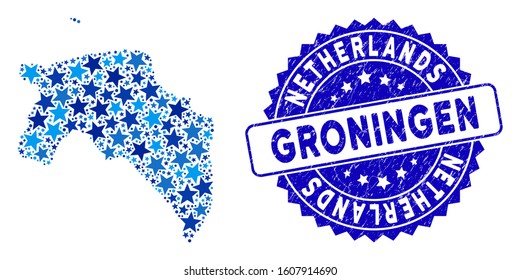 Blue Groningen Province map composition of stars, and distress round seal. Abstract territory scheme in blue shades. Vector Groningen Province map is designed with blue stars.