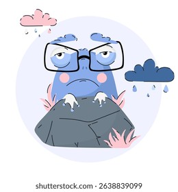 Blue grumpy little frog character with glasses peeking from behind a rock under rainy clouds. Cartoon sad frog under rain for kids illustrations, emotional learning, mental health concept, therapy