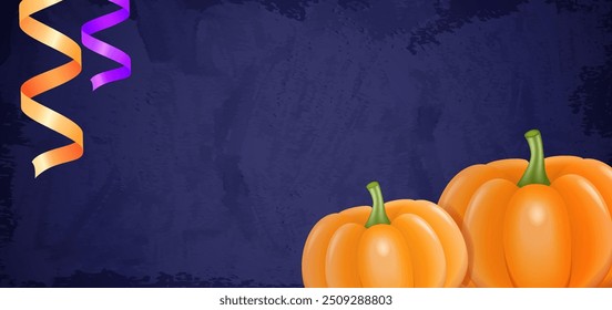 Blue grunge background with hanging ribbons and pumpkins for vector Halloween design