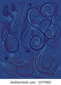 A blue grunge background of swirling strokes, tulips, leaves and feathers. no gradiants
