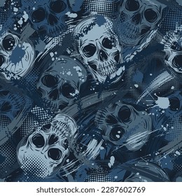 Blue grunge camouflage pattern with human skulls, abstract brushstrokes, blots, halftone shapes. Random chaotic composition. Good for apparel, clothing, fabric, textile, sport goods.