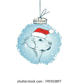 Blue grunge christmas ball with sketch of dog's muzzle with red Santa's hat on head for Christmas and New Year design, Hand drawn illustration