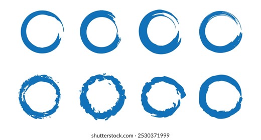 Blue grunge circle strokes isolated on white background. Blue circle stroke for stamp, seal, ink and paint design template. Blue hand drawn grunge circle shapes.