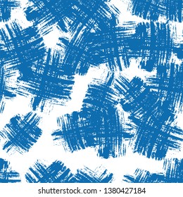 Blue Grunge Fabric Seamless Pattern. Abstract Marine Texture. Grungy Paint Textile Pattern. Sporty Clothes Print Design. Geometric Tie Dye Backdrop.