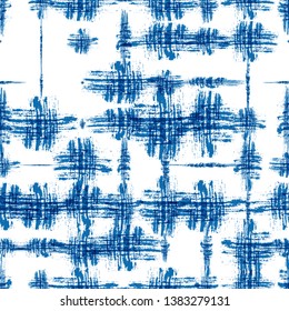 Blue Grunge Fabric Seamless Pattern. Dirt Ink Strokes Texture. Abstract Watercolor Drawing Pattern. Bohemian Print Design. Geometric Tie Dye Backdrop.