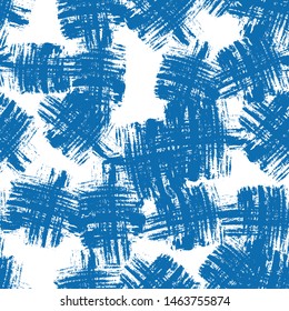 Blue Grunge Fabric Seamless Pattern. Dirt Ink Strokes Texture. Grungy Paint Textile Pattern. Sporty Clothes Print Design. Distressed Vintage Backdrop.
