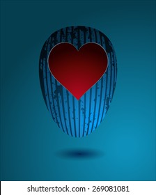 Blue Grunge Floating Egg with a Glowing Heart Sign, Vector Illustration. 