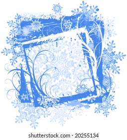 blue grunge frame ,watercolor background, flowers & snowflakes