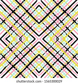 Blue Grunge Navy Vector Seamless Pattern. Retro Cell Scandinavian Print. Yellow Brush Textile Pattern. American Cute Stripe Illustration. Hand Mexican Vector Seamless Pattern